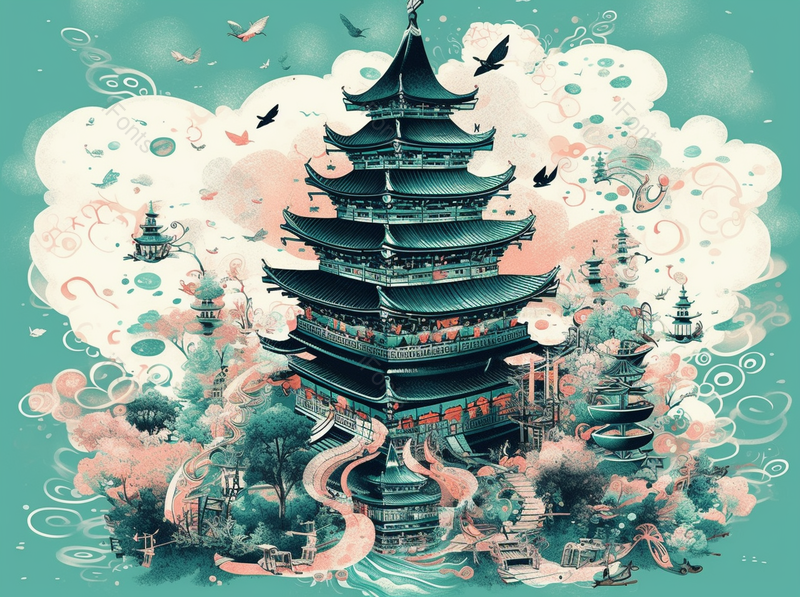 青色的中国风古典建筑插画背景,插画/手绘图,插画/手绘图库,插画/手绘图下载,插画/手绘